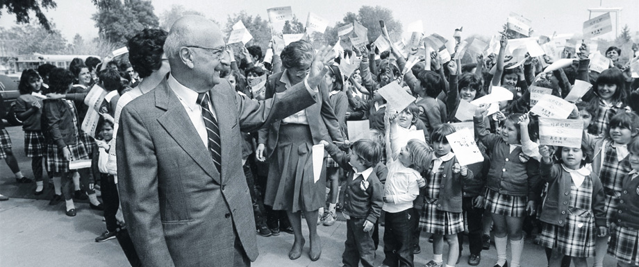 Alex Manoogian, fifth President of AGBU, 1953-1989, at the Manoogian-Demirdjian school, one of the many educational institutions he established and supported.